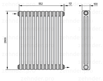 Схема (чертеж) Радиатор Zehnder Charleston 3280/12 №1670 Белый глянцевый RAL 9016